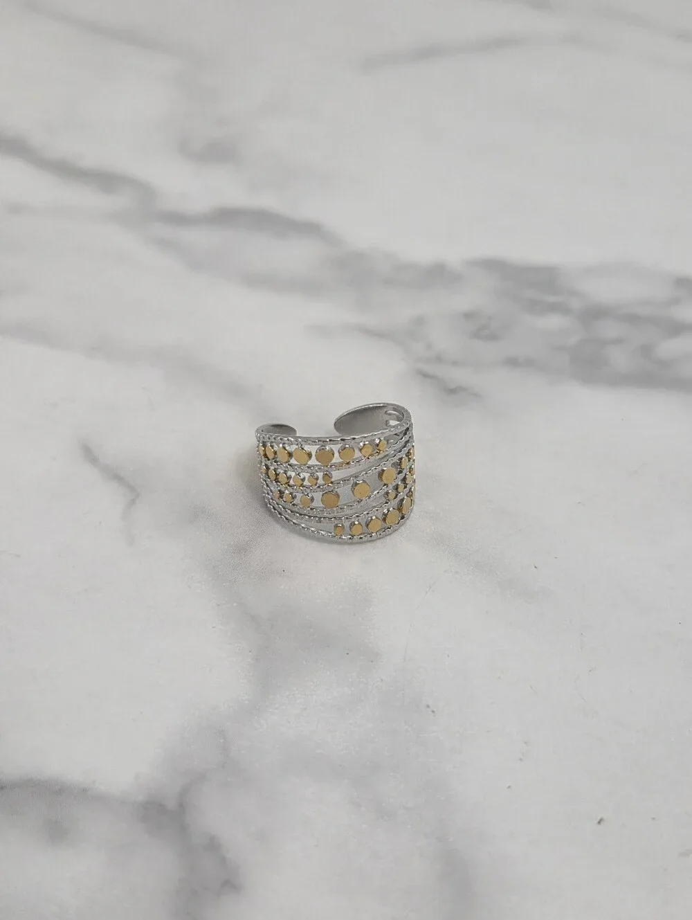 Two Tone Silver Gold Statement Ring Layered Band Adjustable Size
